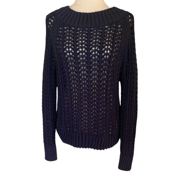 J. Crew Wide Neck Beach Navy Blue Pointelle Knit Sweater - S - Picture 2 of 13